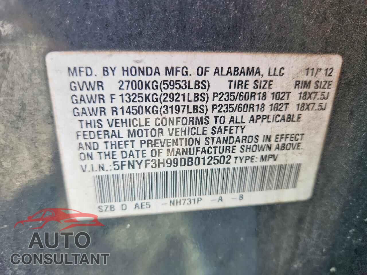 HONDA PILOT 2013 - 5FNYF3H99DB012502