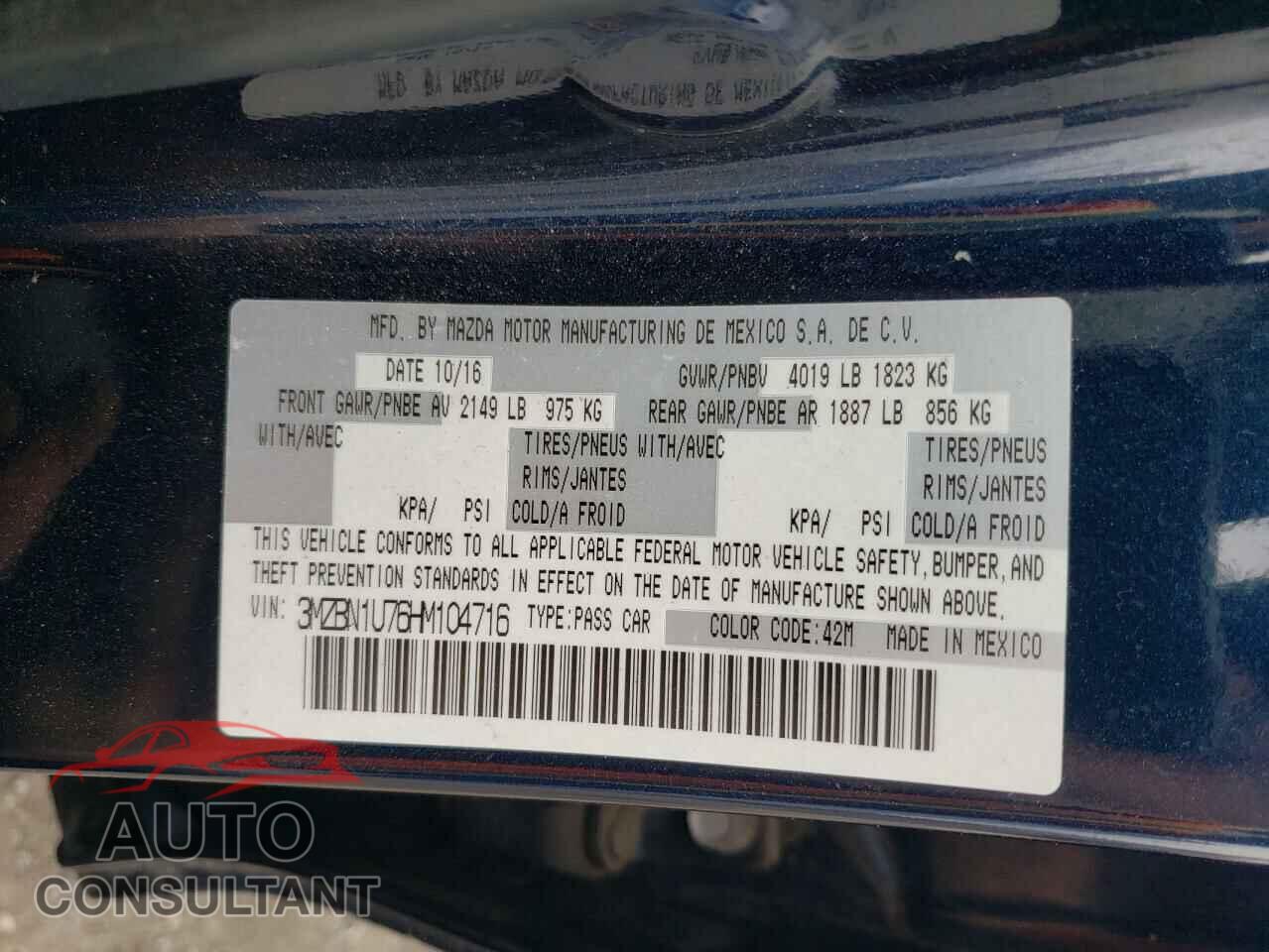 MAZDA 3 2017 - 3MZBN1U76HM104716