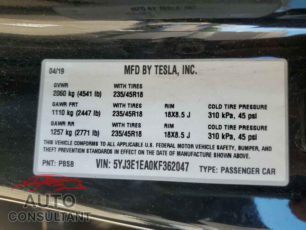 TESLA MODEL 3 2019 - 5YJ3E1EA0KF362047