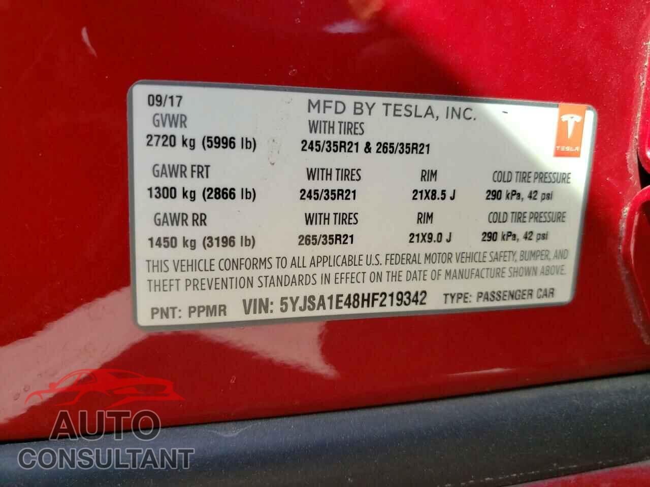 TESLA MODEL S 2017 - 5YJSA1E48HF219342