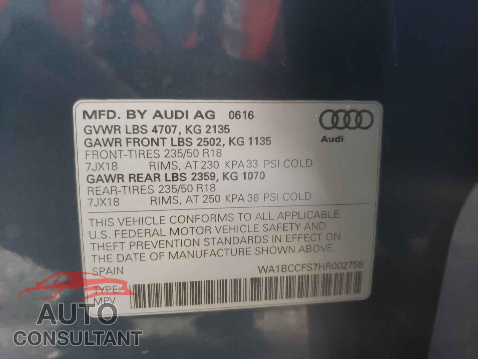 AUDI Q3 2017 - WA1BCCFS7HR002758