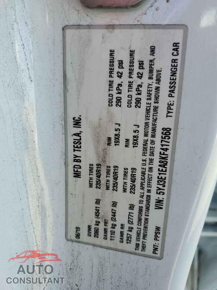 TESLA MODEL 3 2019 - 5YJ3E1EA8KF417568