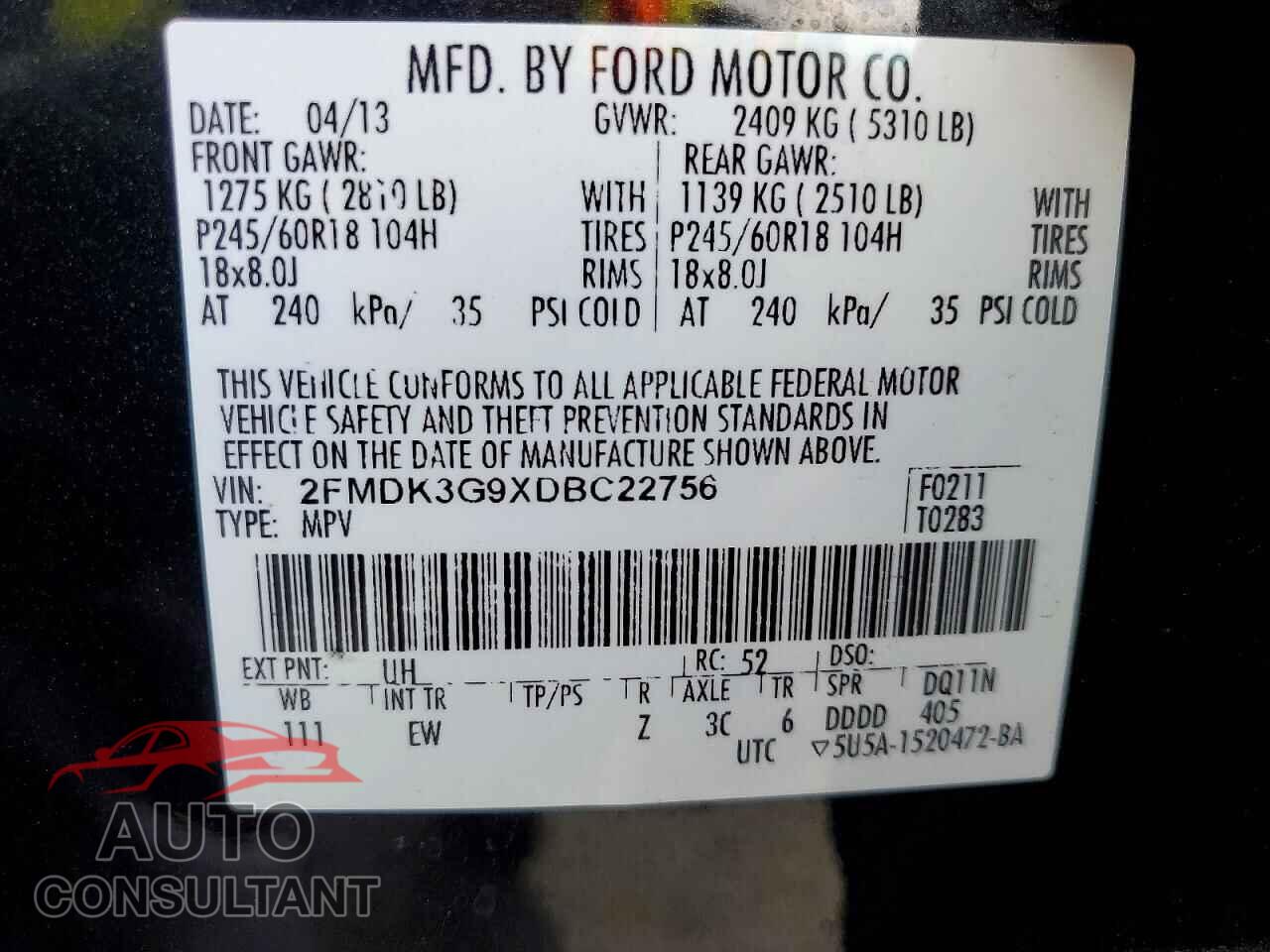 FORD EDGE 2013 - 2FMDK3G9XDBC22756