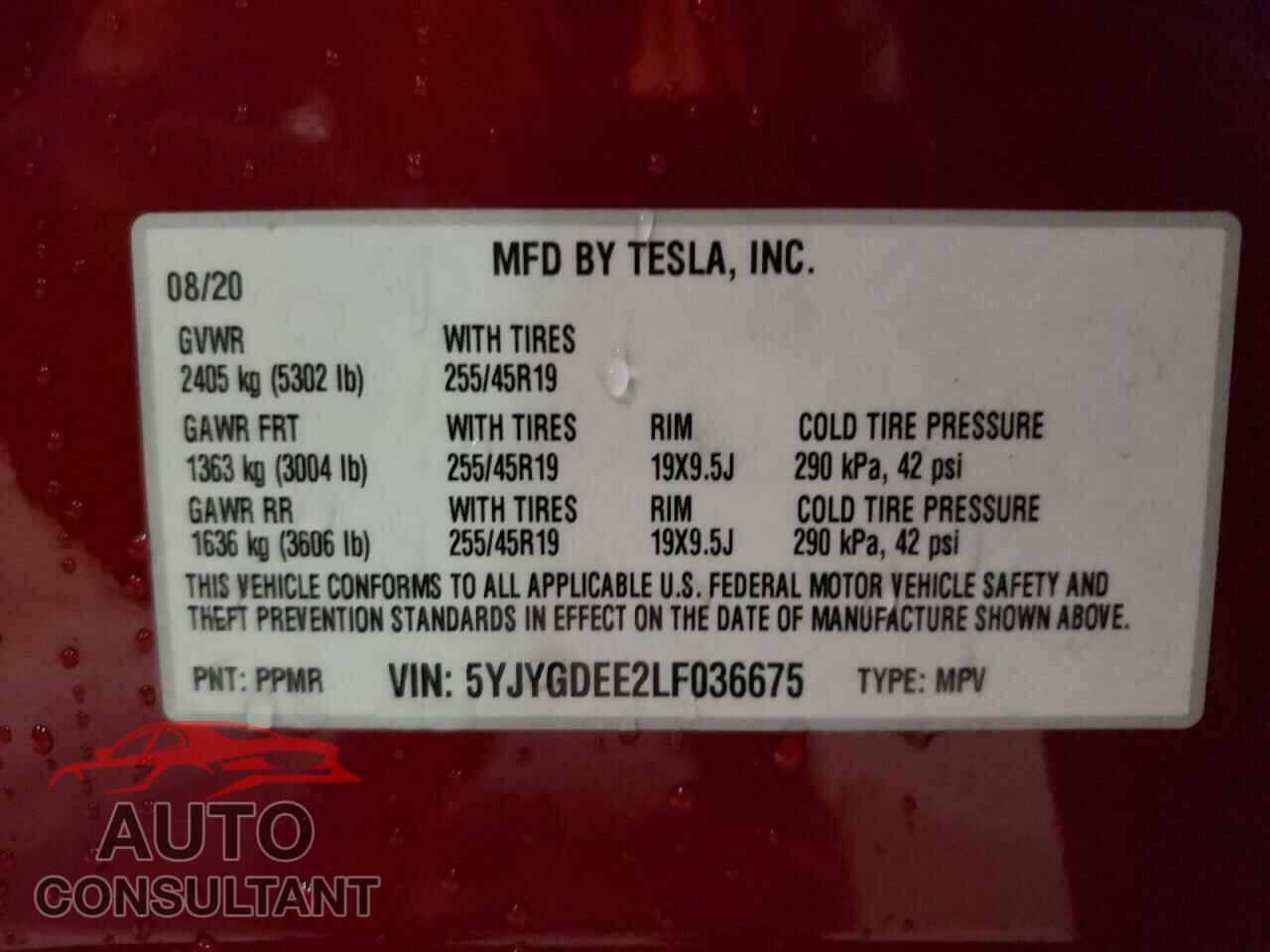 TESLA MODEL Y 2020 - 5YJYGDEE2LF036675