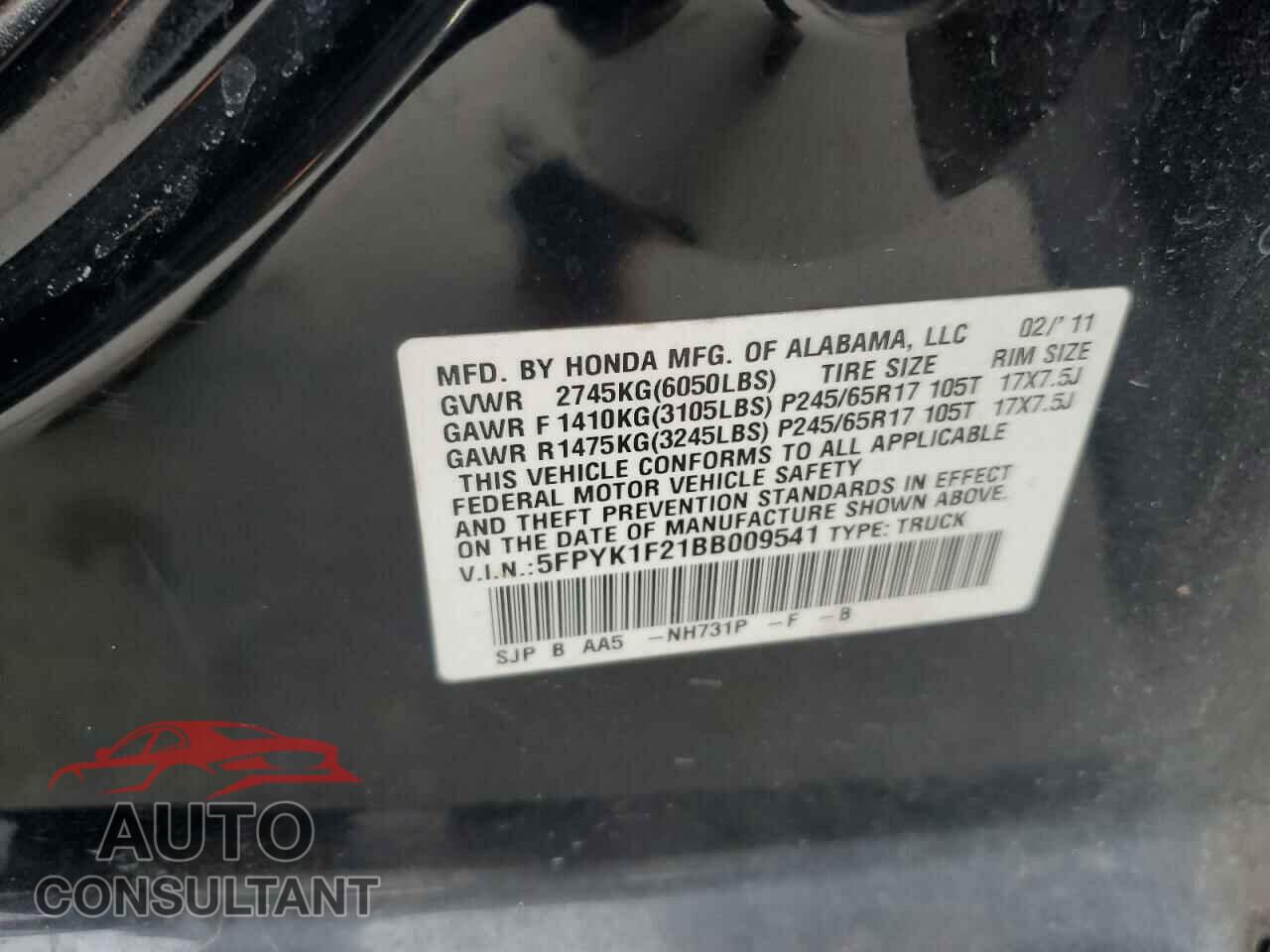 HONDA RIDGELINE 2011 - 5FPYK1F21BB009541