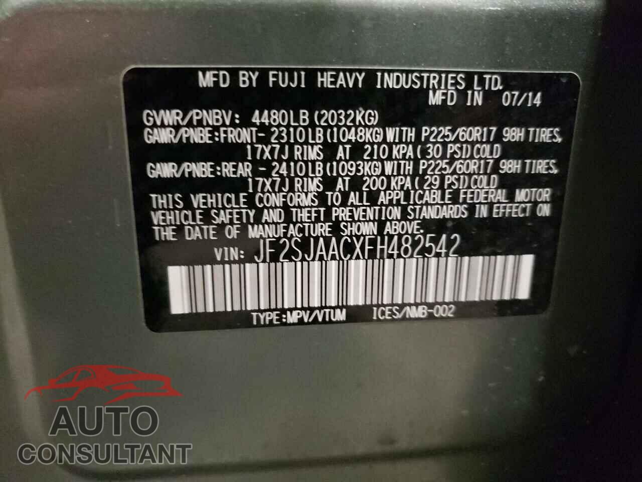 SUBARU FORESTER 2015 - JF2SJAACXFH482542