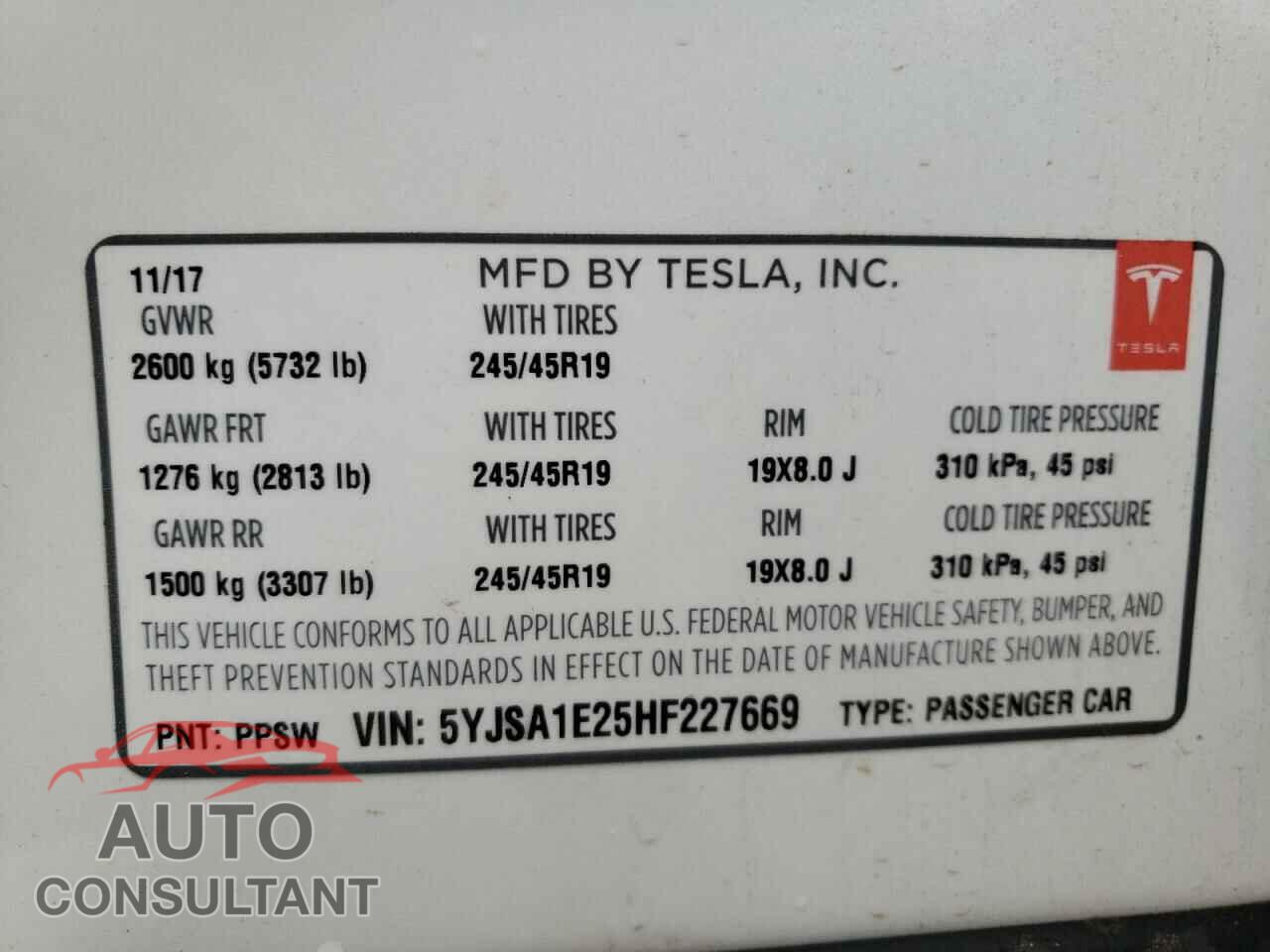 TESLA MODEL S 2017 - 5YJSA1E25HF227669