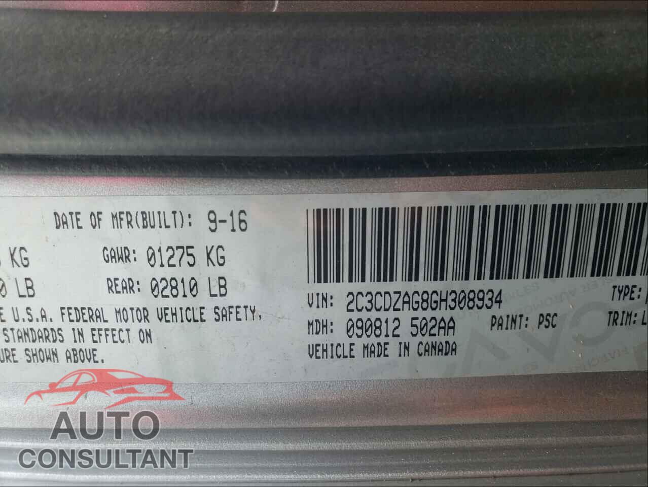 DODGE CHALLENGER 2016 - 2C3CDZAG8GH308934