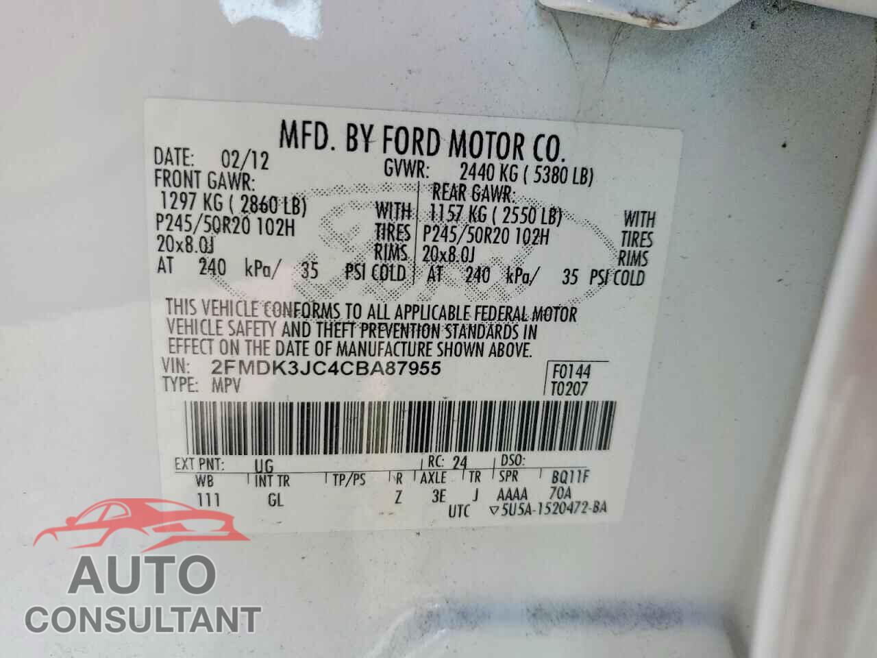 FORD EDGE 2012 - 2FMDK3JC4CBA87955