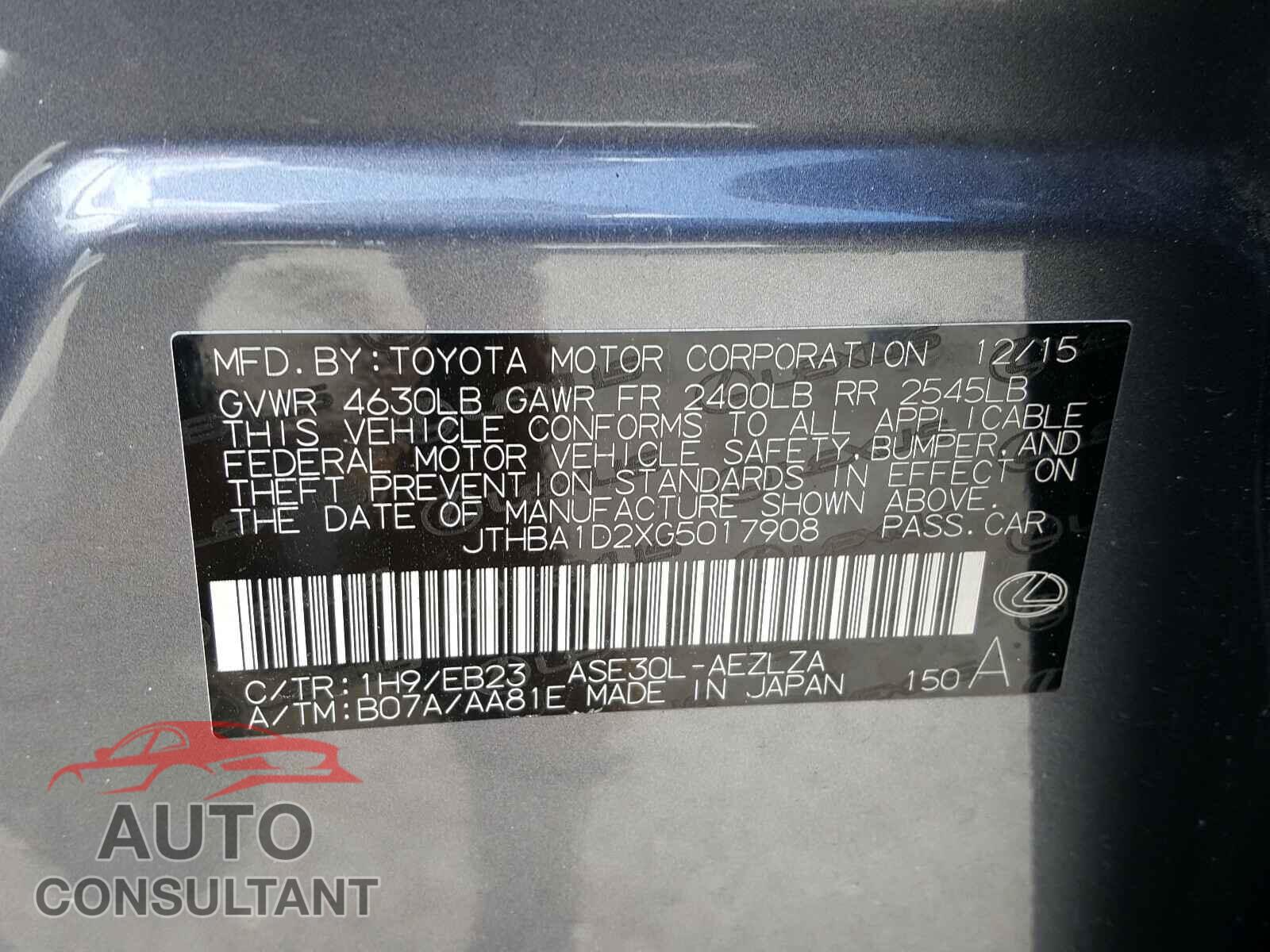 LEXUS IS 2016 - JTHBA1D2XG5017908