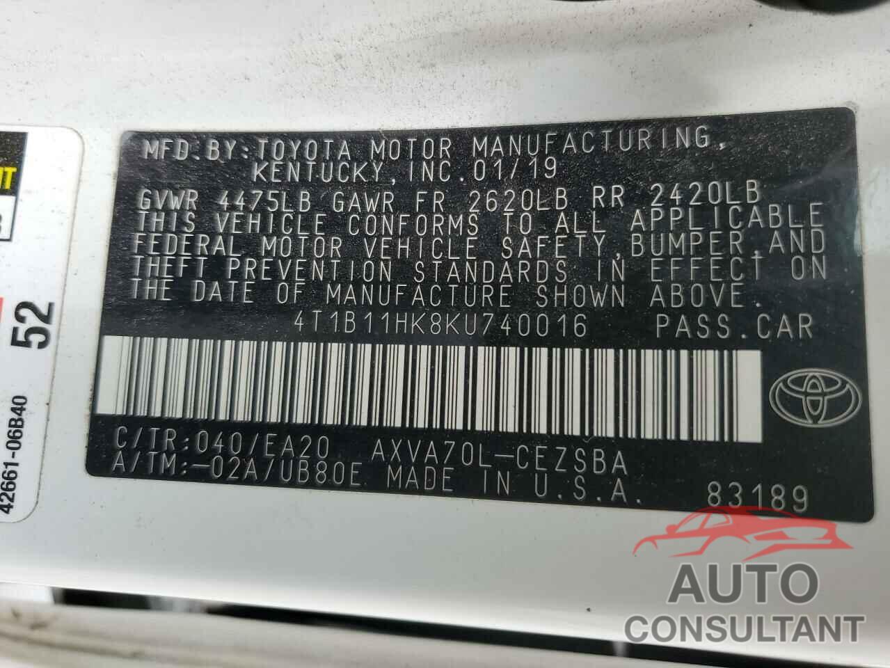 TOYOTA CAMRY 2019 - 4T1B11HK8KU740016