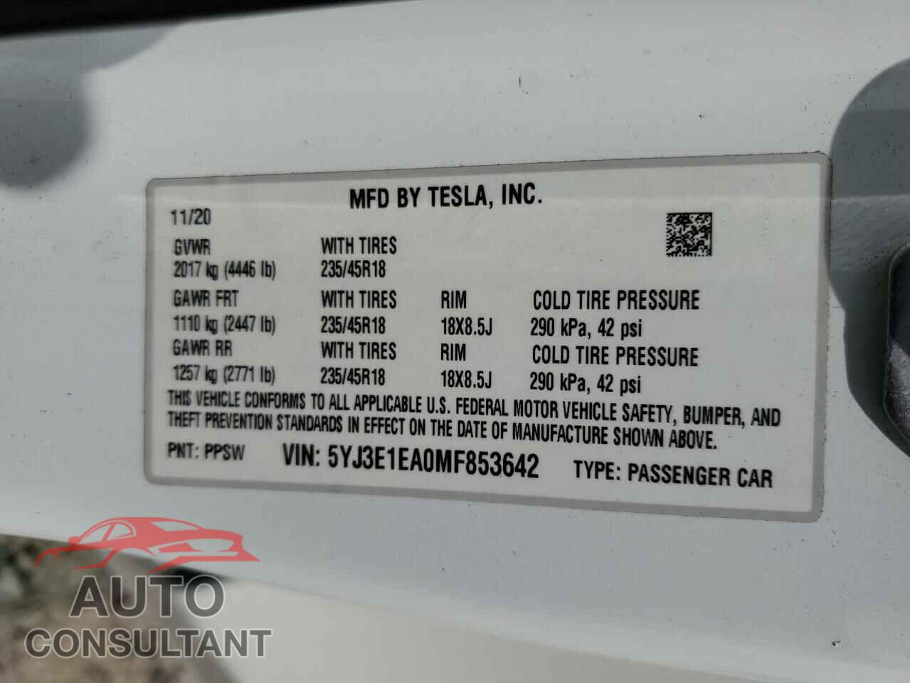 TESLA MODEL 3 2021 - 5YJ3E1EA0MF853642