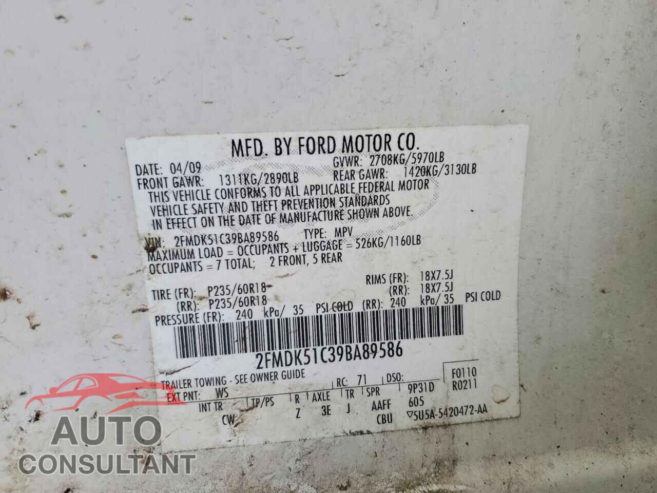 FORD FLEX 2009 - 2FMDK51C39BA89586