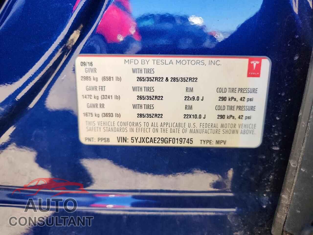 TESLA MODEL X 2016 - 5YJXCAE29GF019745
