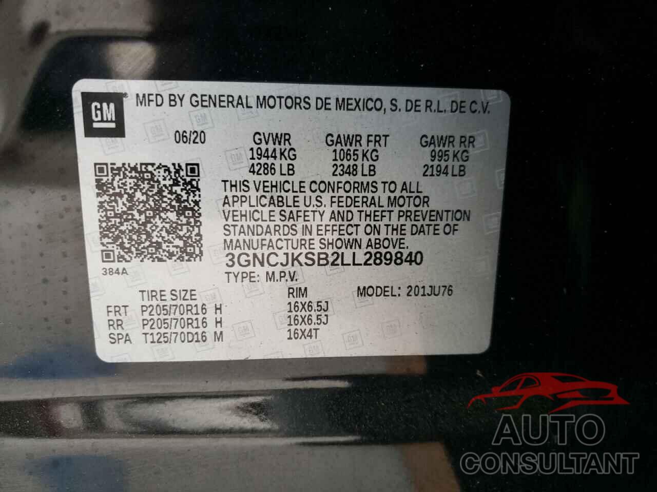 CHEVROLET TRAX 2020 - 3GNCJKSB2LL289840