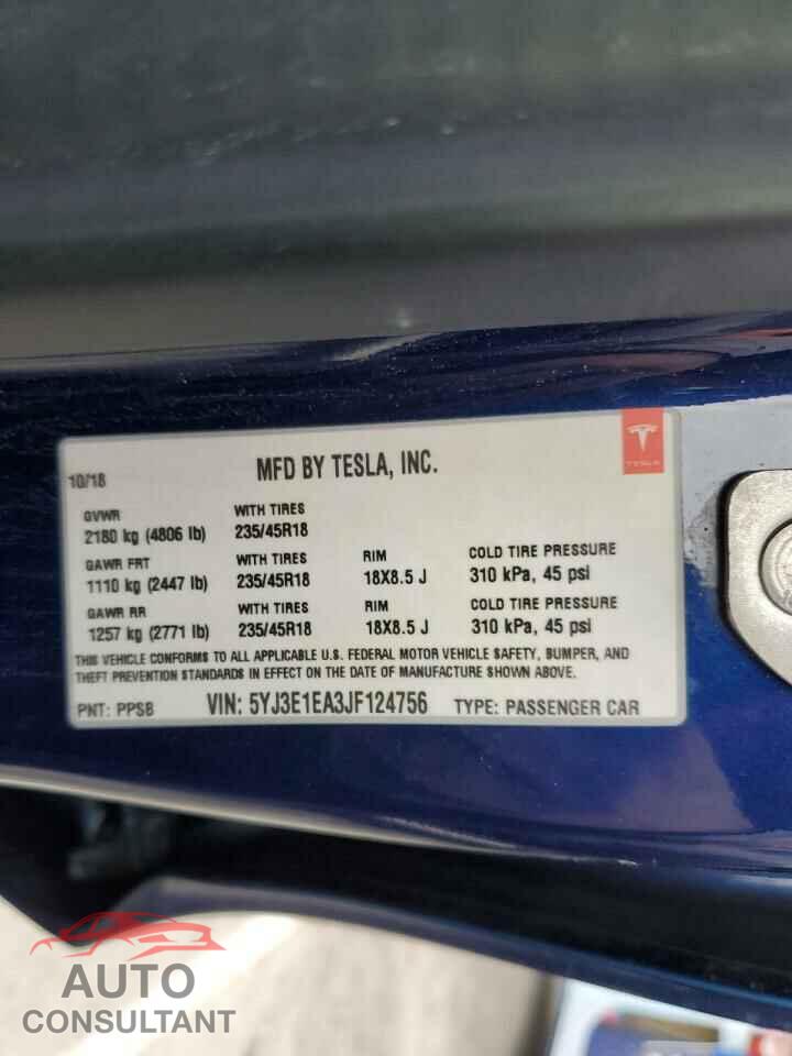 TESLA MODEL 3 2018 - 5YJ3E1EA3JF124756