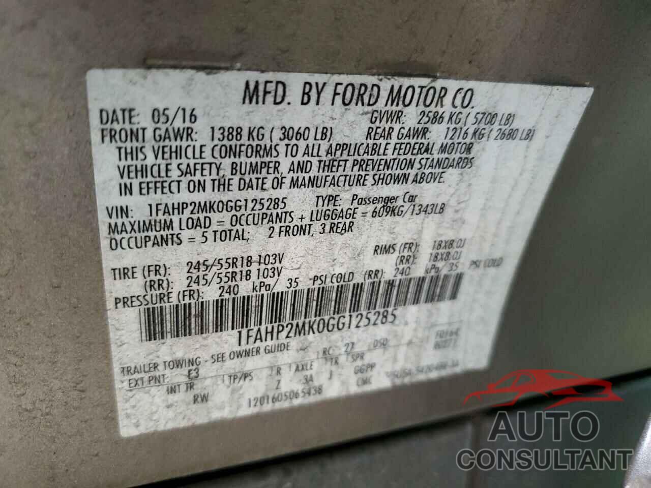 FORD TAURUS 2016 - 1FAHP2MK0GG125285