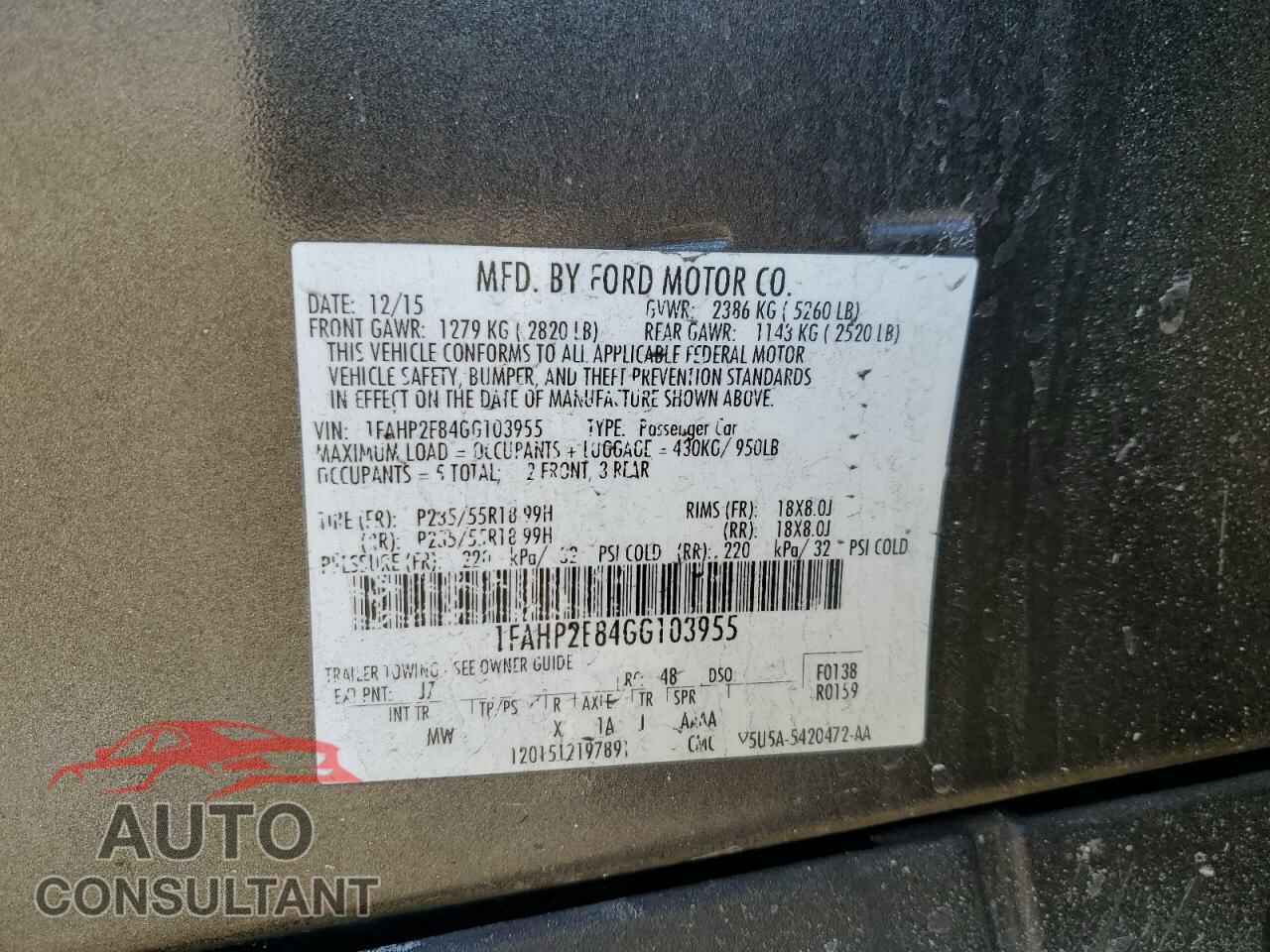 FORD TAURUS 2016 - 1FAHP2E84GG103955