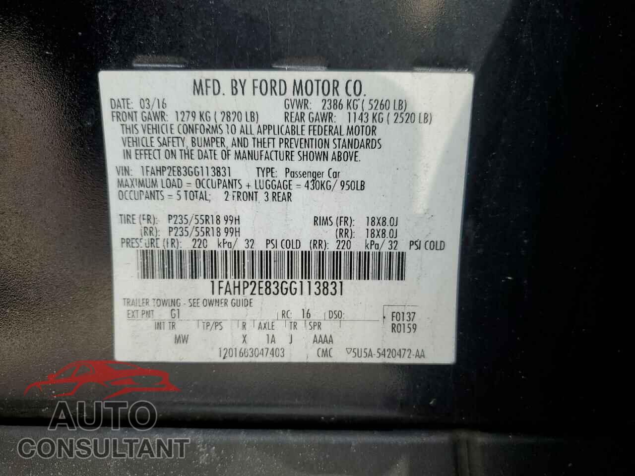 FORD TAURUS 2016 - 1FAHP2E83GG113831