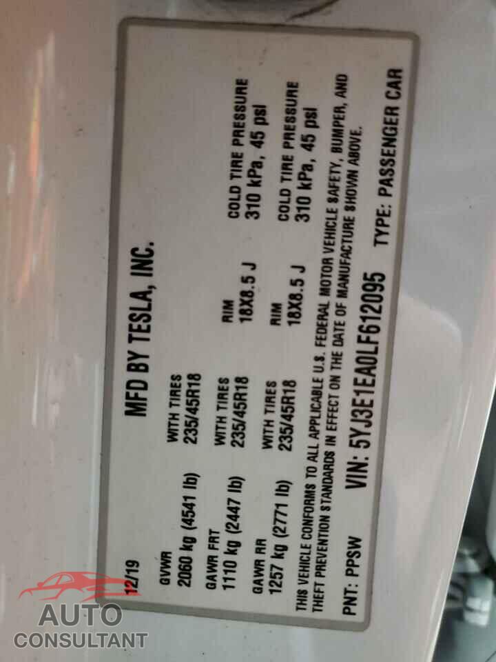 TESLA MODEL 3 2020 - 5YJ3E1EA0LF612095