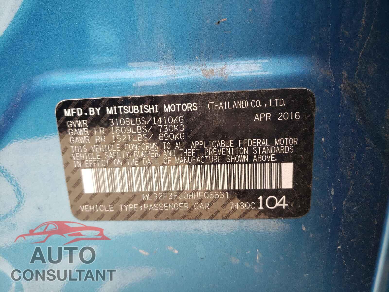 MITSUBISHI MIRAGE 2017 - ML32F3FJ0HHF05631