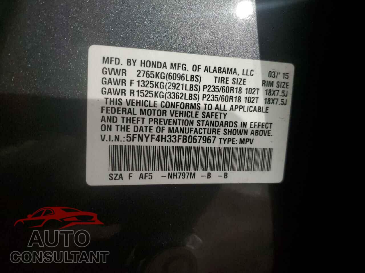 HONDA PILOT 2015 - 5FNYF4H33FB067967