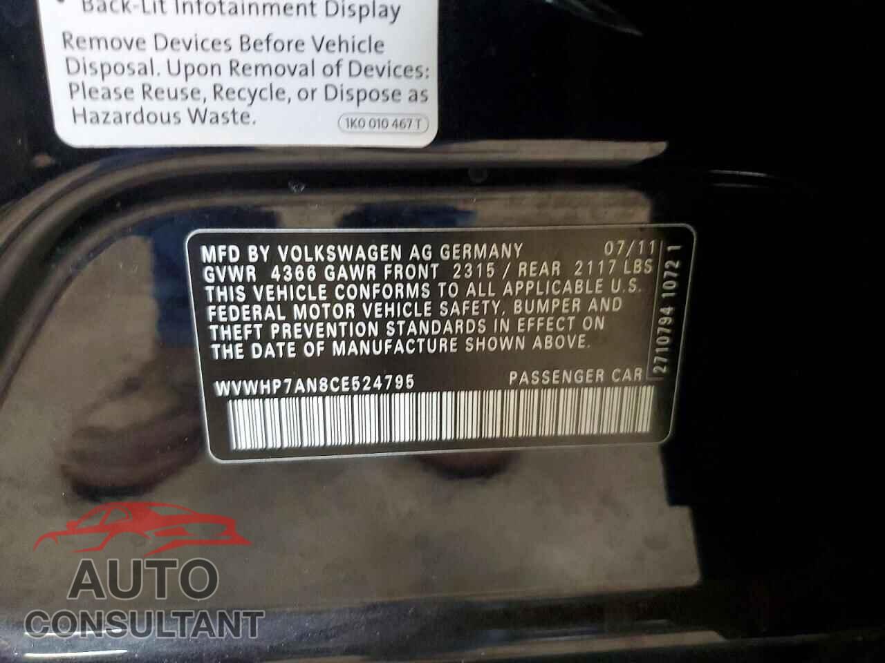 VOLKSWAGEN CC 2012 - WVWHP7AN8CE524795
