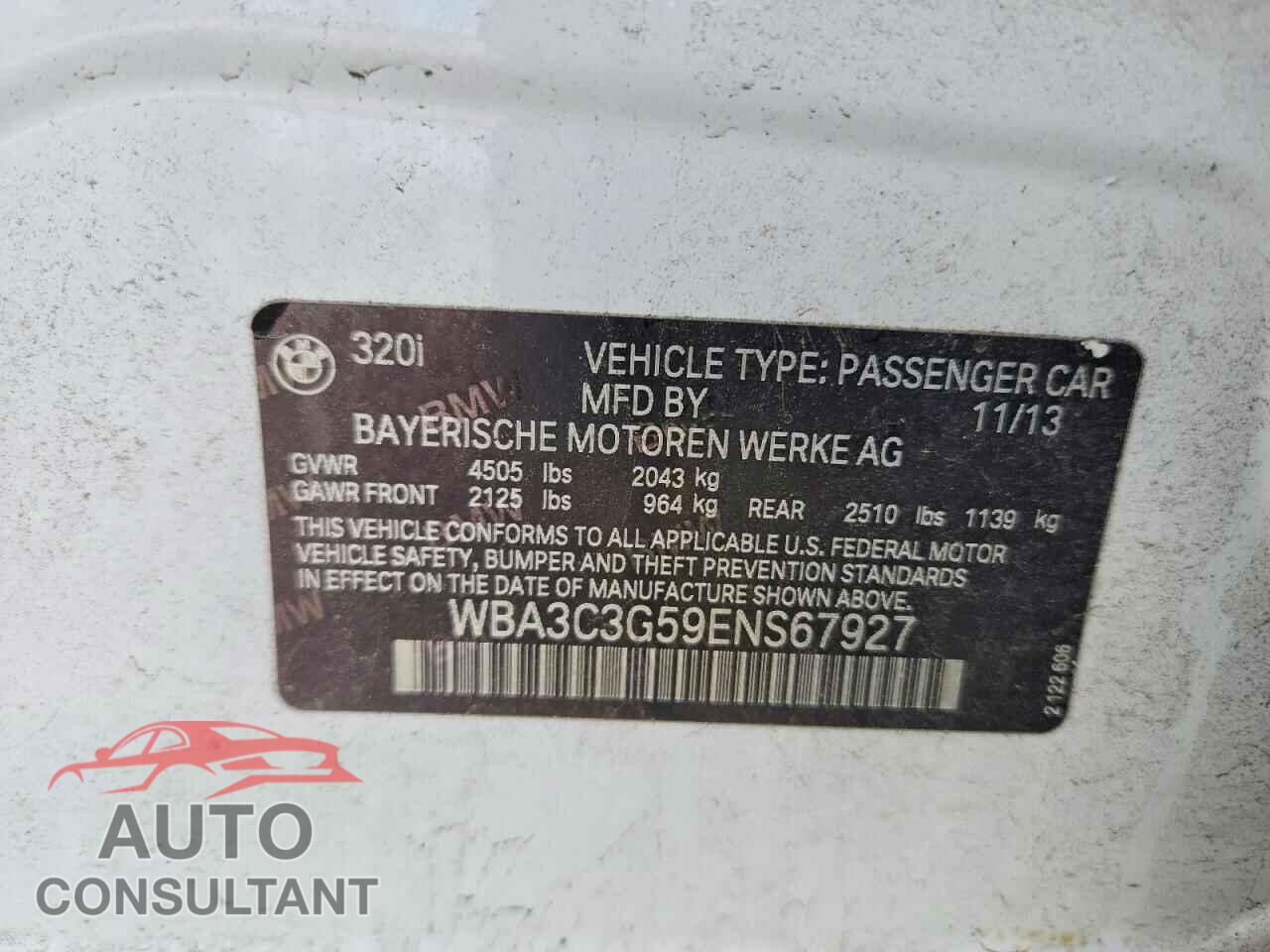 BMW 3 SERIES 2014 - WBA3C3G59ENS67927