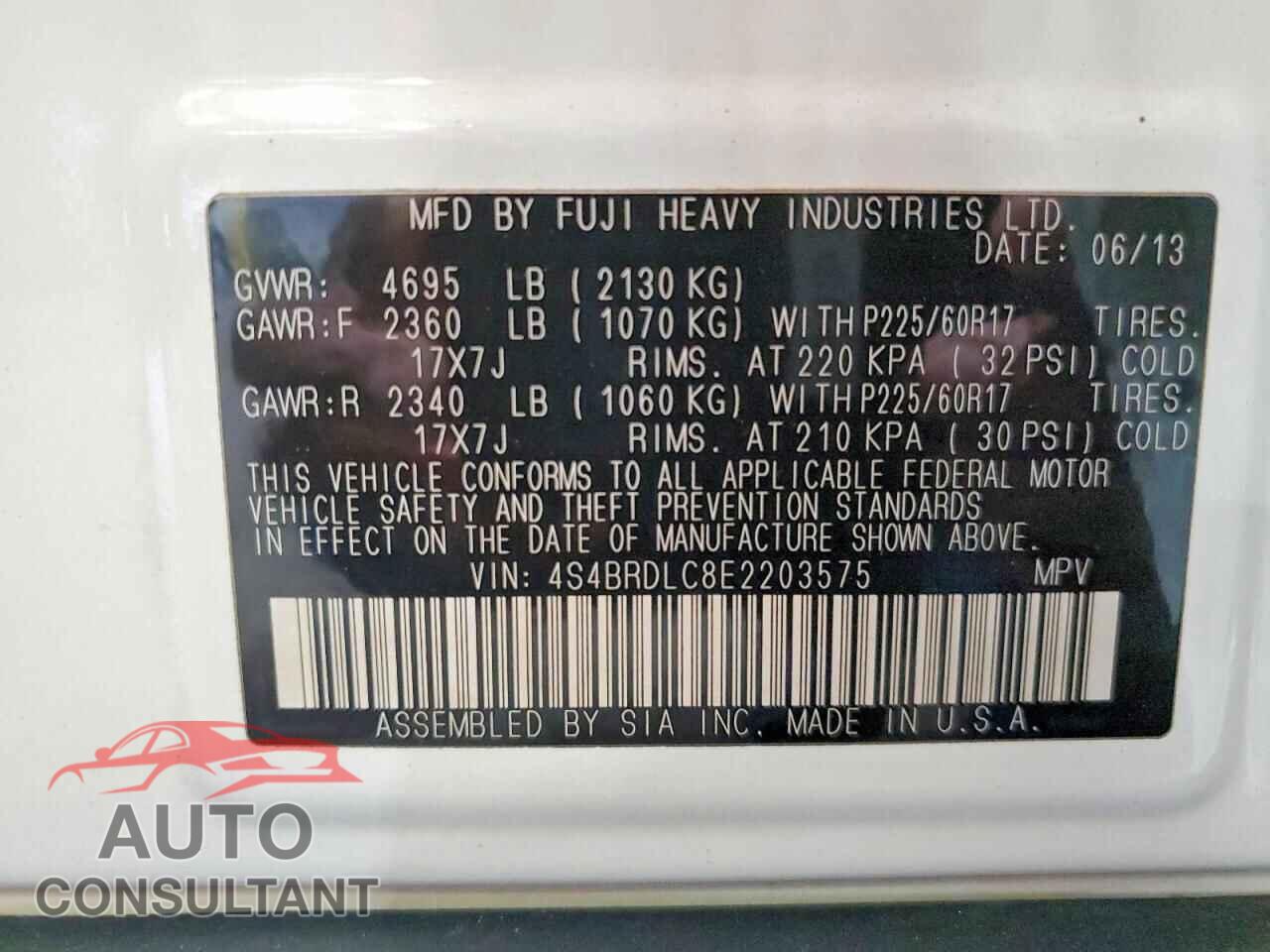 SUBARU OUTBACK 2014 - 4S4BRDLC8E2203575