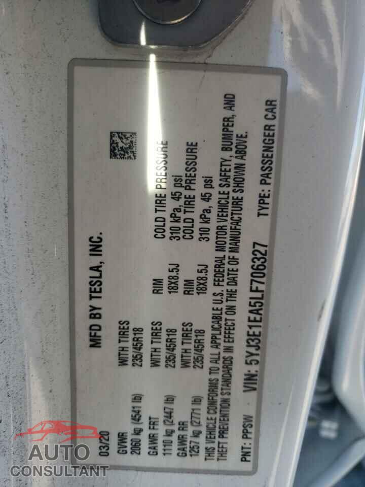TESLA MODEL 3 2020 - 5YJ3E1EA5LF706327