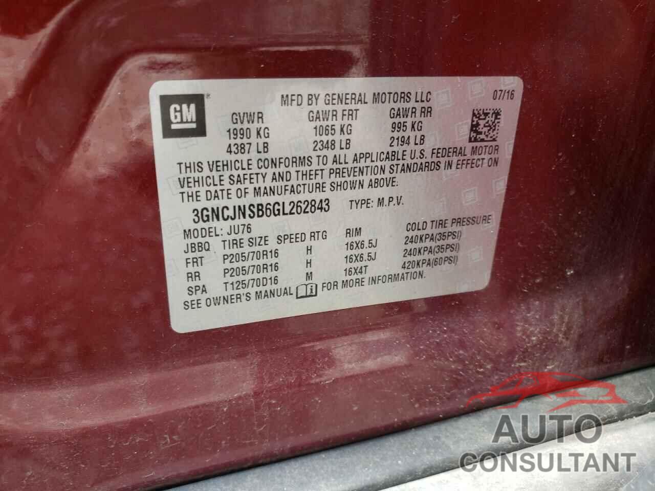 CHEVROLET TRAX 2016 - 3GNCJNSB6GL262843
