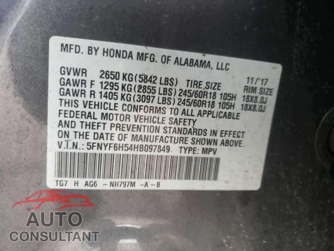 HONDA PILOT 2017 - 5FNYF6H54HB097849