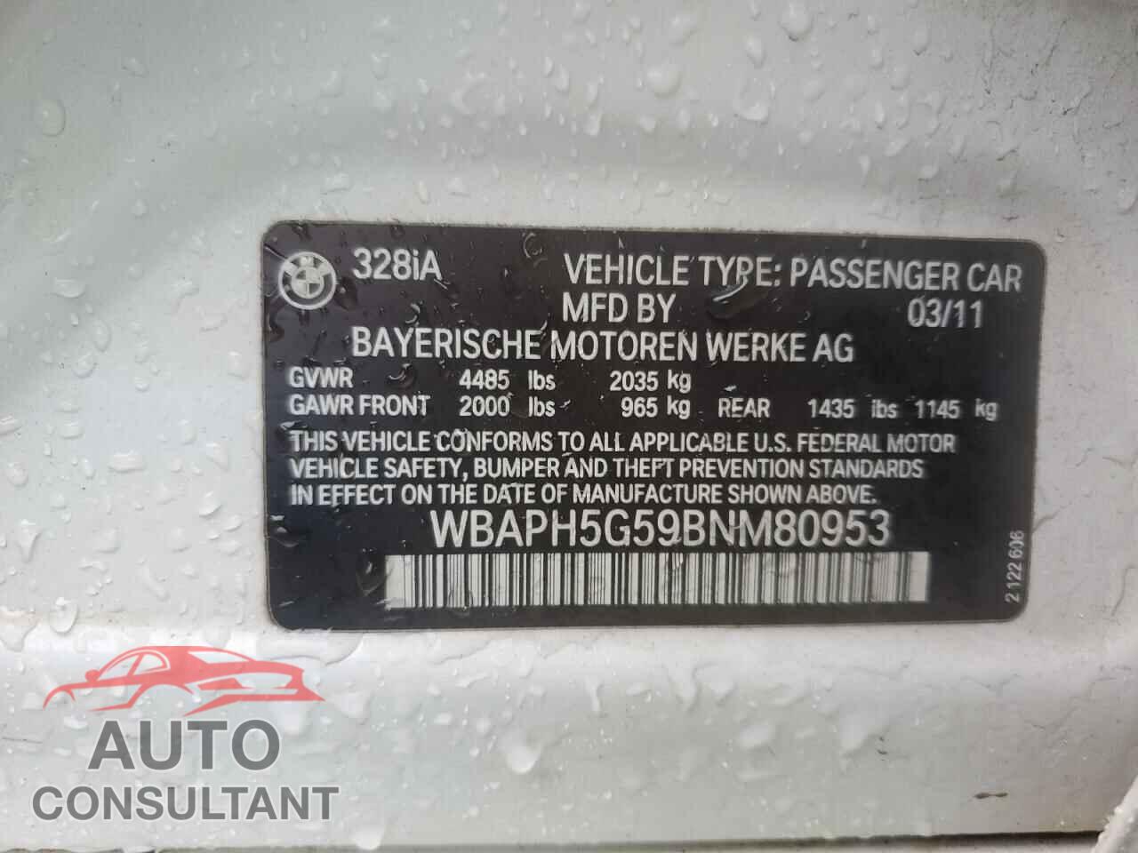 BMW 3 SERIES 2011 - WBAPH5G59BNM80953
