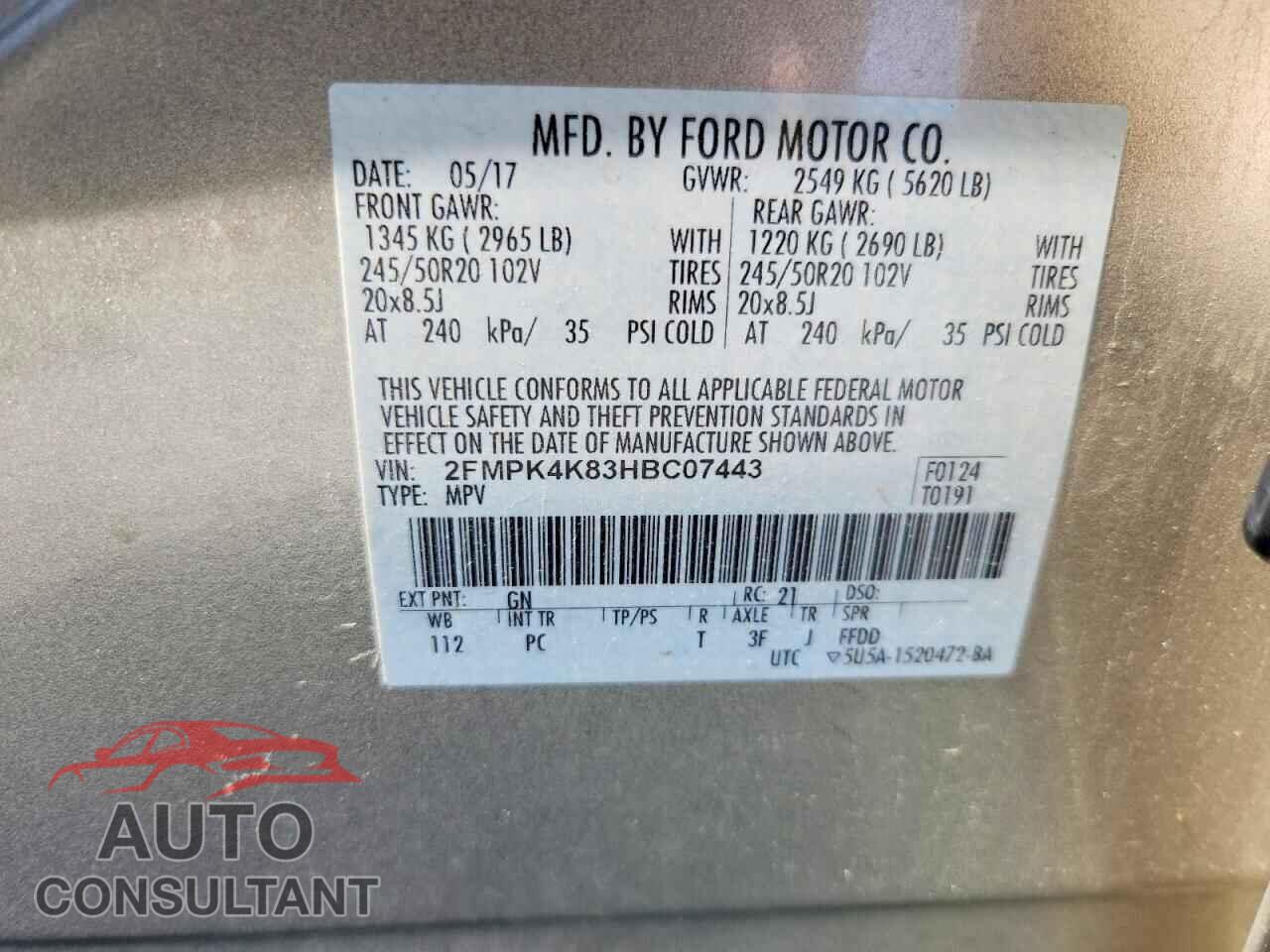 FORD EDGE 2017 - 2FMPK4K83HBC07443