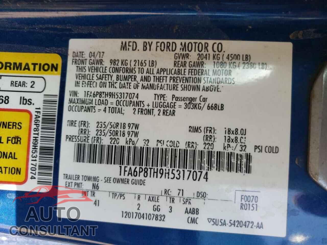 FORD MUSTANG 2017 - 1FA6P8TH9H5317074