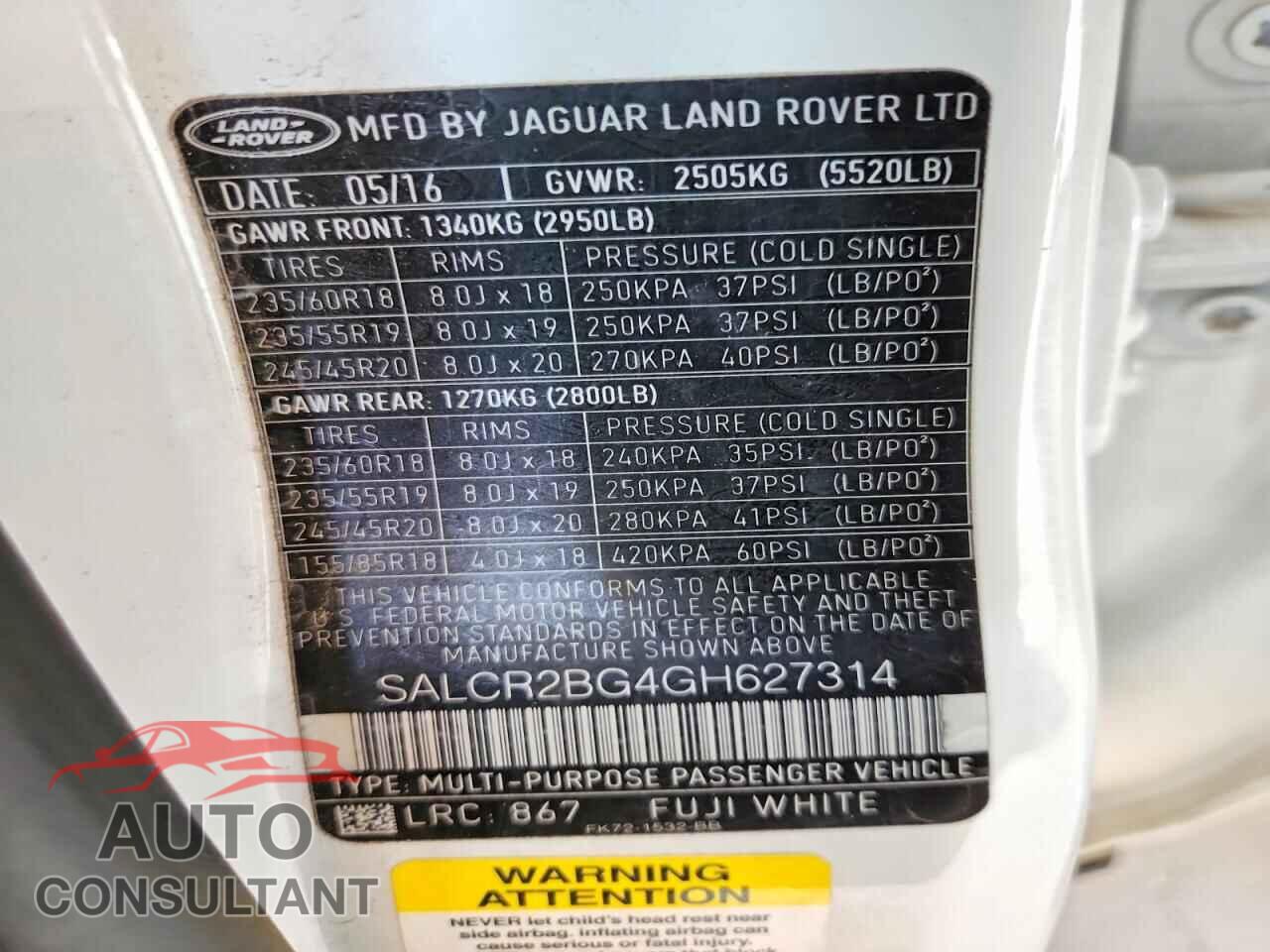 LAND ROVER DISCOVERY 2016 - SALCR2BG4GH627314