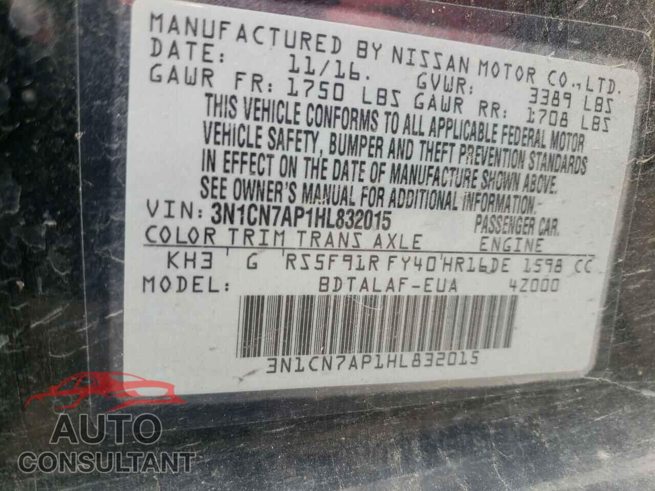 NISSAN VERSA 2017 - 3N1CN7AP1HL832015