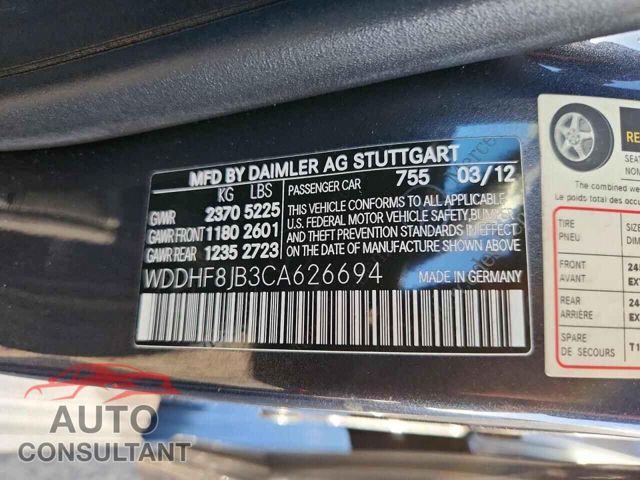 MERCEDES-BENZ E-CLASS 2012 - WDDHF8JB3CA626694