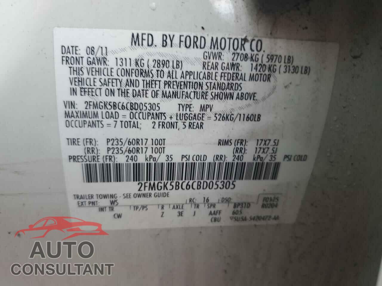 FORD FLEX 2012 - 2FMGK5BC6CBD05305