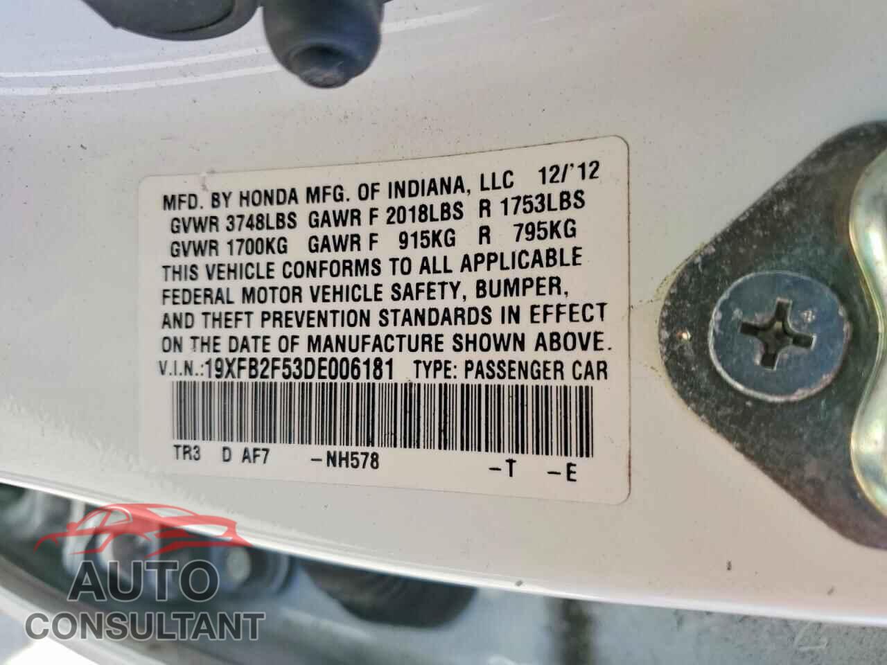 HONDA CIVIC 2013 - 19XFB2F53DE006181