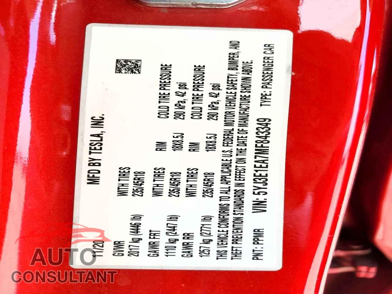 TESLA MODEL 3 2021 - 5YJ3E1EA7MF843349
