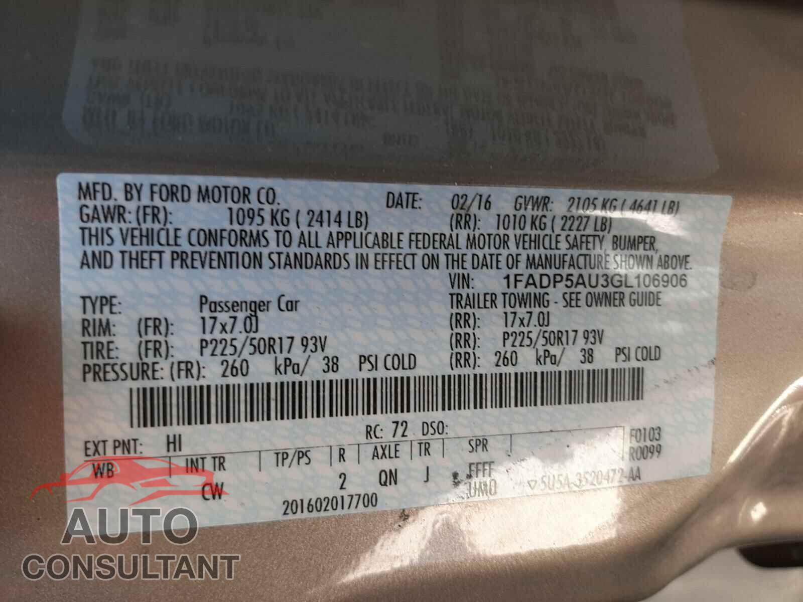 FORD CMAX 2016 - 1FADP5AU3GL106906