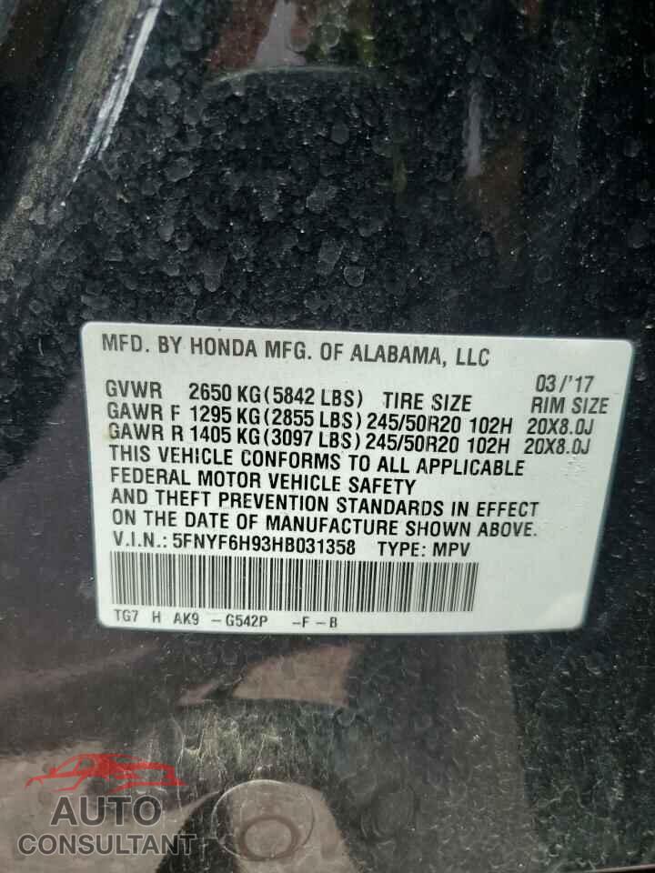 HONDA PILOT 2017 - 5FNYF6H93HB031358