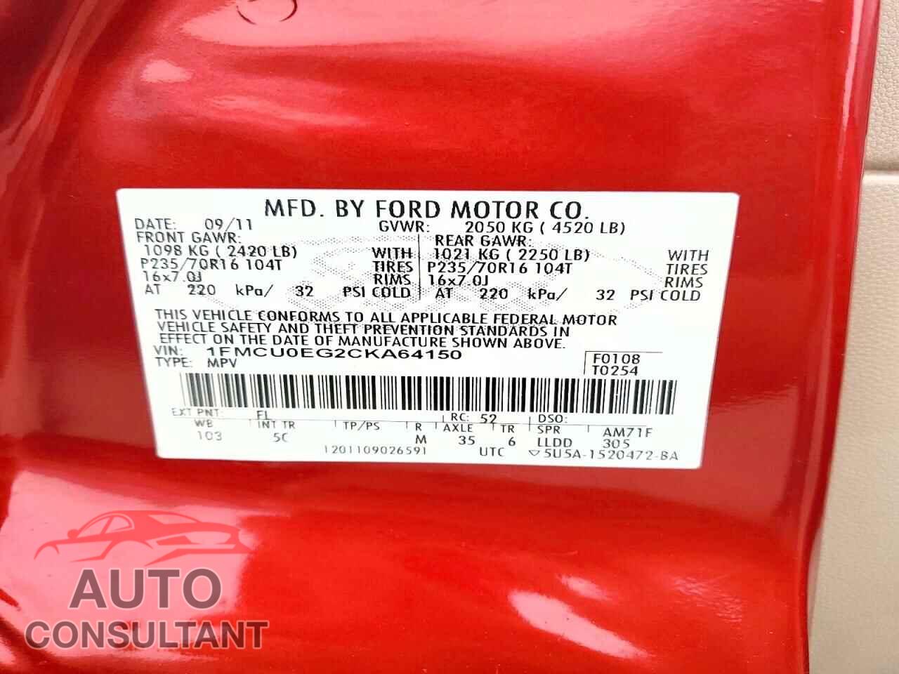 FORD ESCAPE 2012 - 1FMCU0EG2CKA64150