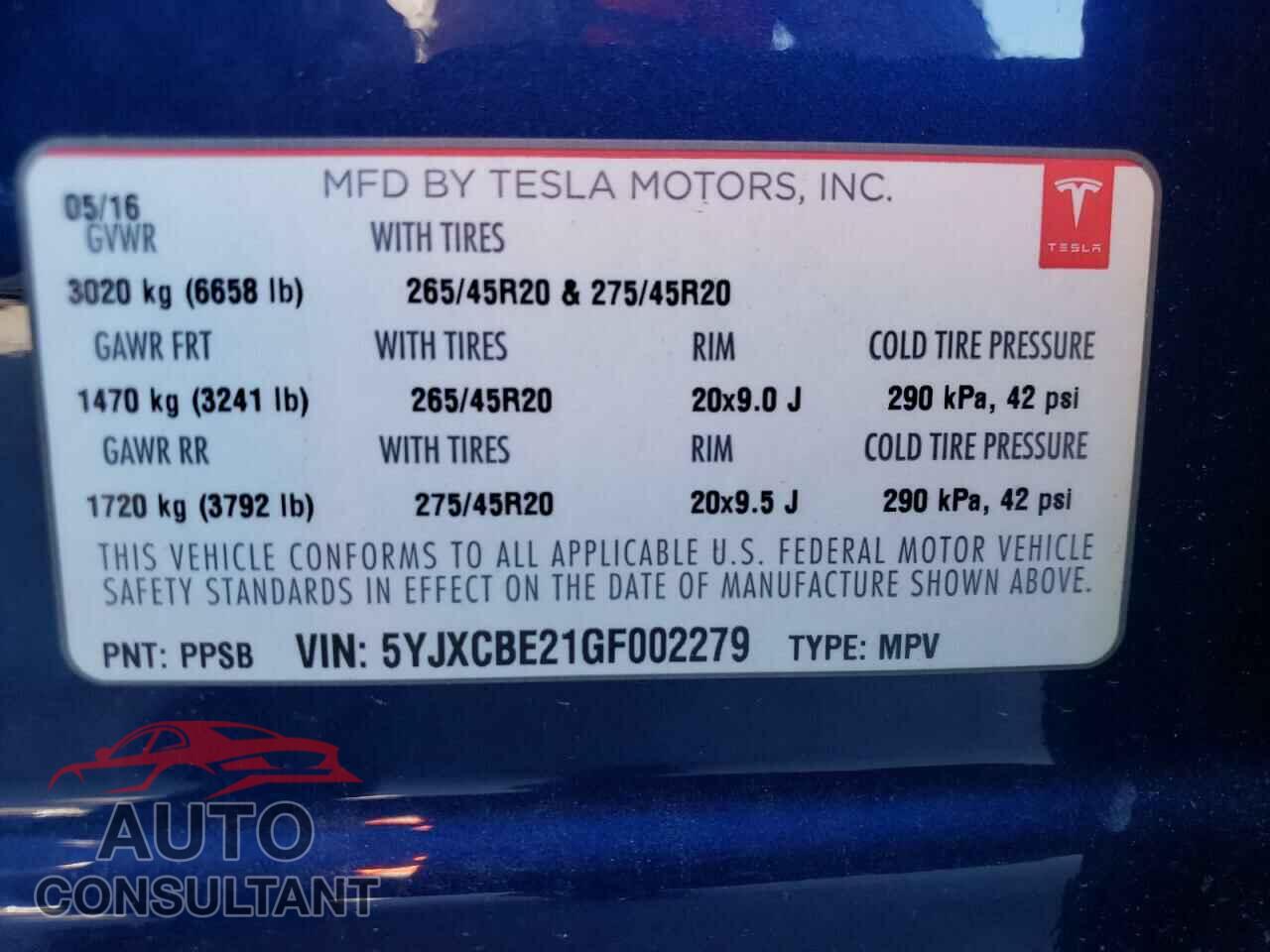 TESLA MODEL X 2016 - 5YJXCBE21GF002279