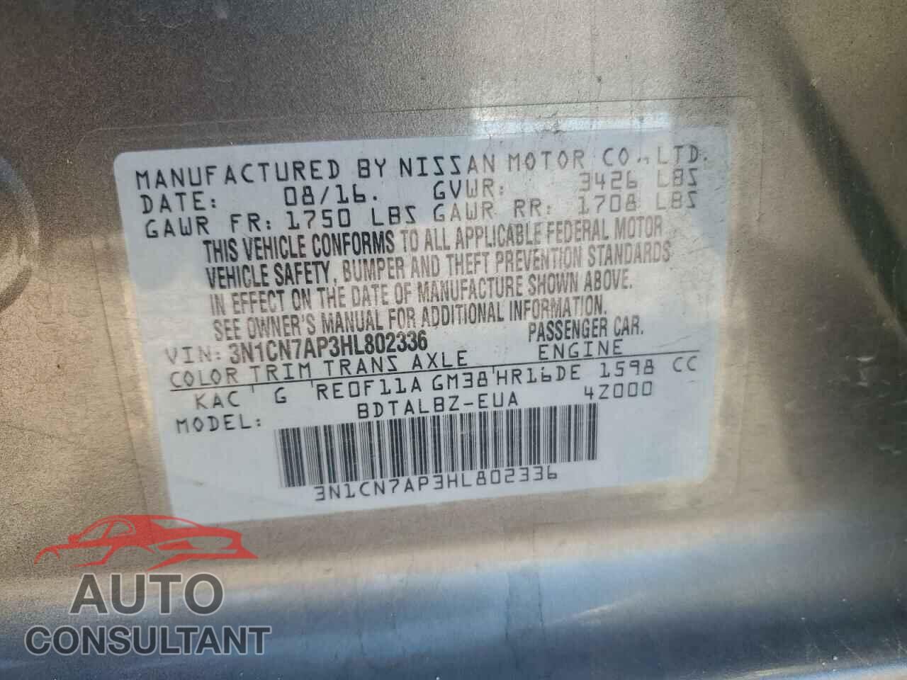 NISSAN VERSA 2017 - 3N1CN7AP3HL802336