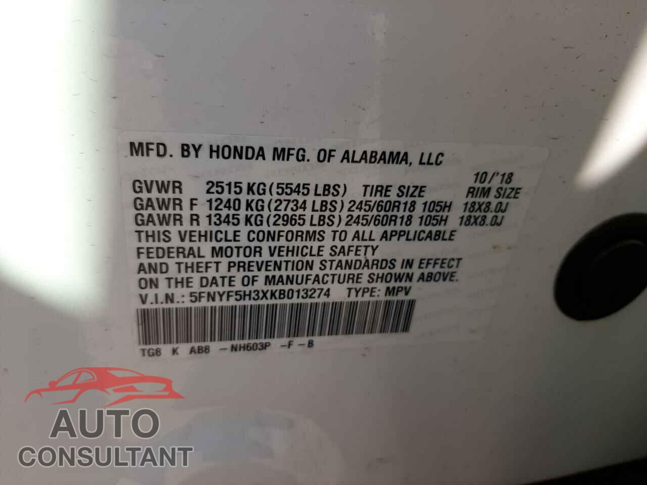 HONDA PILOT 2019 - 5FNYF5H3XKB013274