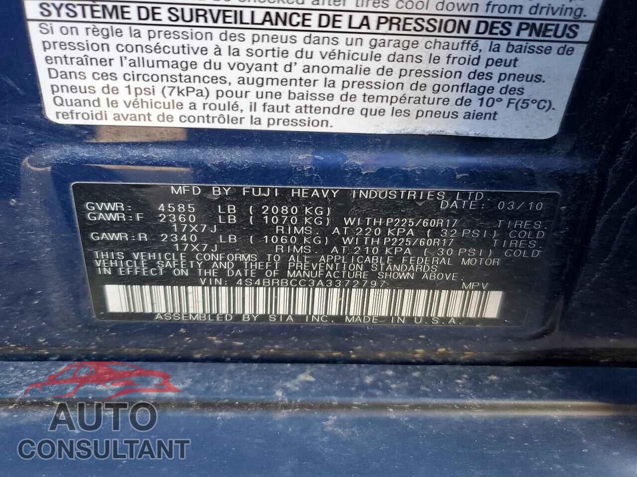 SUBARU OUTBACK 2010 - 4S4BRBCC3A3372797