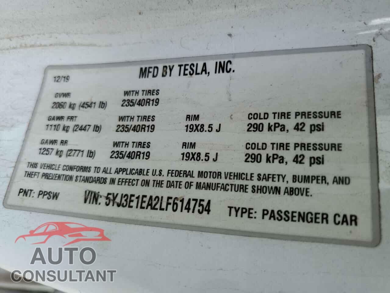 TESLA MODEL 3 2020 - 5YJ3E1EA2LF614754
