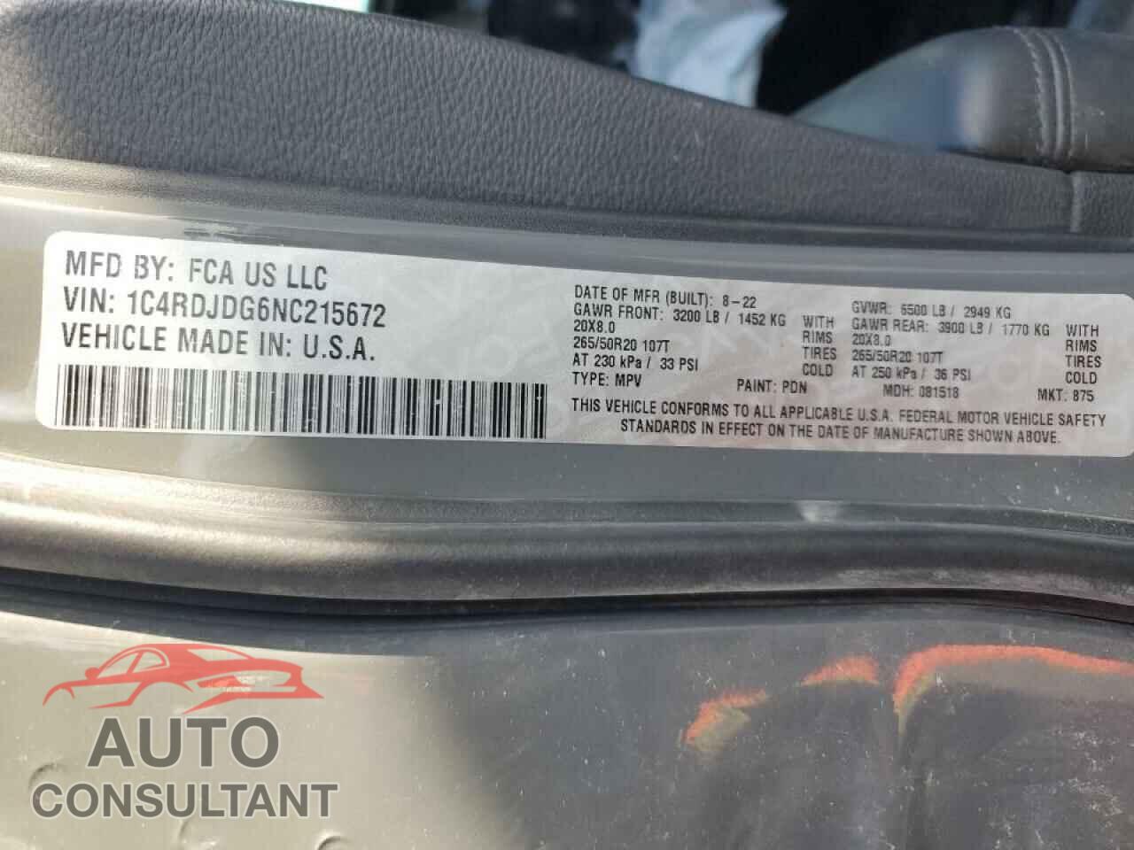 DODGE DURANGO 2022 - 1C4RDJDG6NC215672